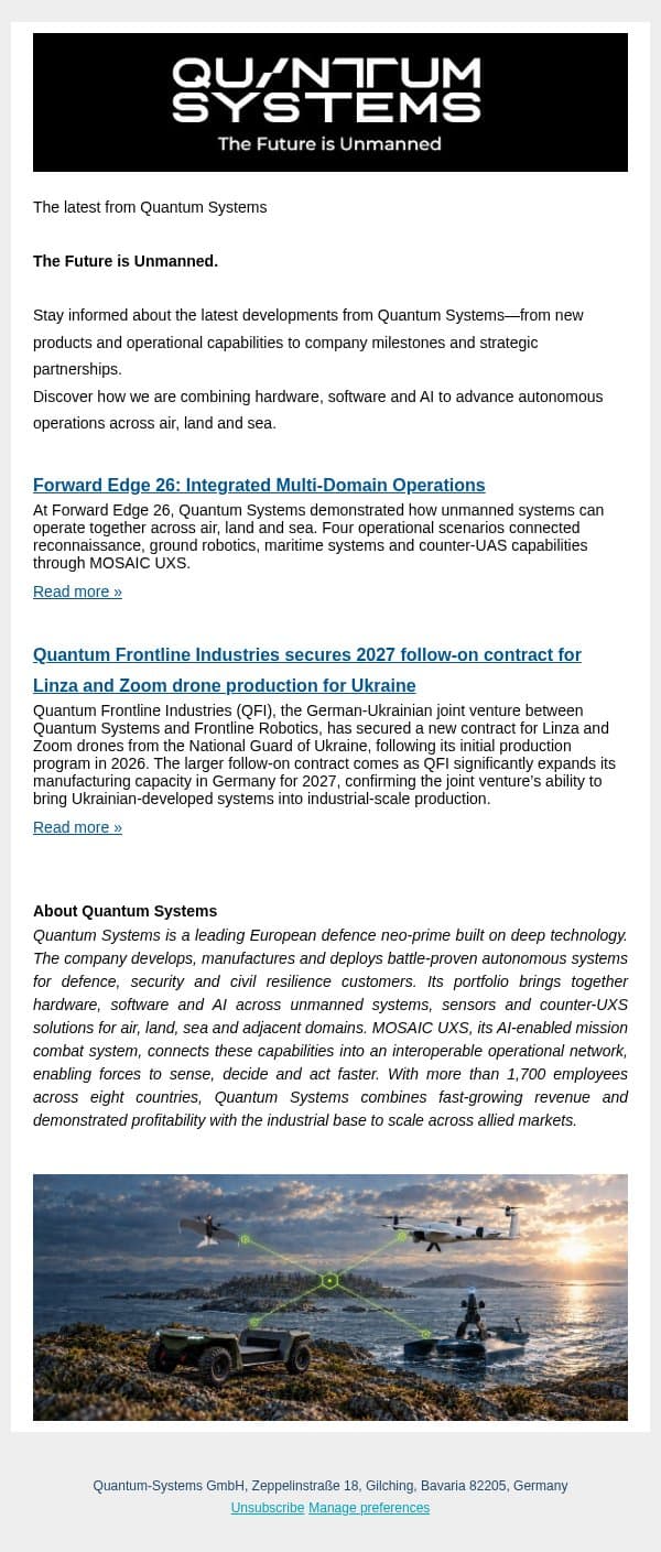 Forward Edge 26: Integrated Multi-Domain Operations email from Quantum-Systems screenshot