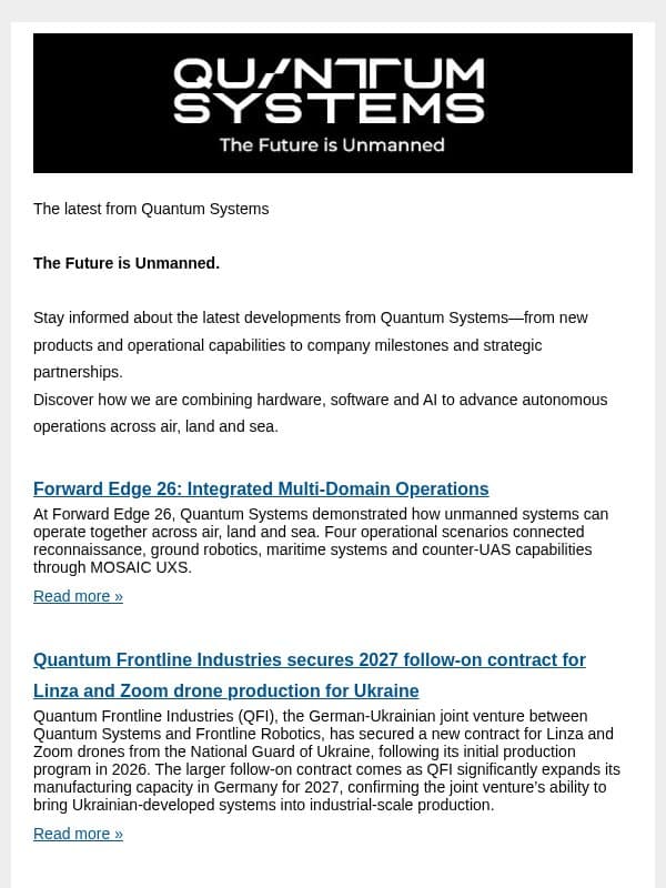 Forward Edge 26: Integrated Multi-Domain Operations email from Quantum-Systems