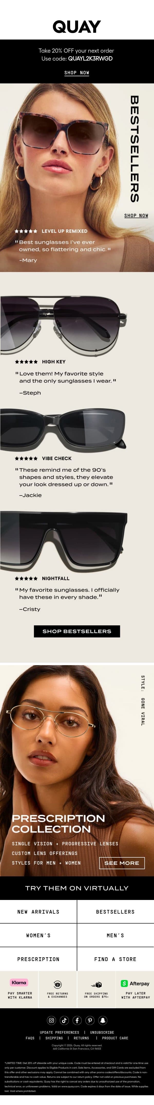 20% OFF YOUR FIRST ORDER email from Quay Australia screenshot