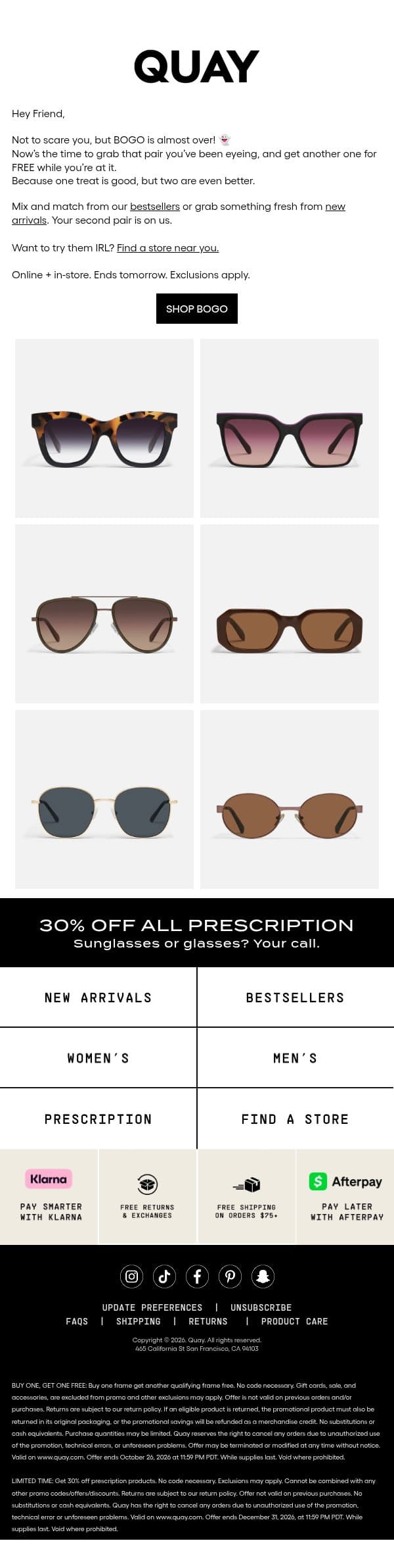 BUY 1, GET 1 FREE ENDS SOON email from Quay Australia screenshot