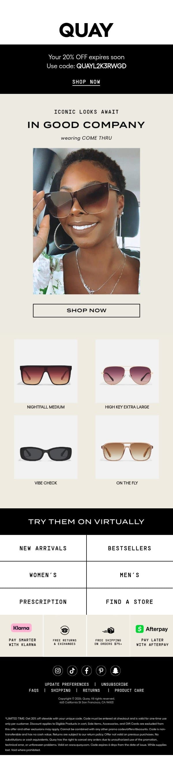 YOUR 20% OFF ENDS SOON email from Quay Australia screenshot