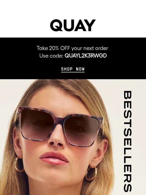 20% OFF YOUR FIRST ORDER email from Quay Australia