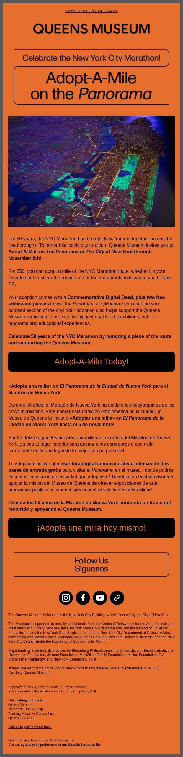 π Adopt-A-Mile on the Panorama for the New York City Marathon π email from Queens Museum screenshot