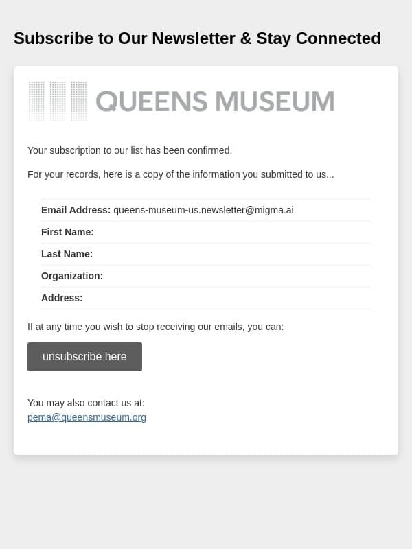 QMail: Subscription Confirmed email from Queens Museum screenshot