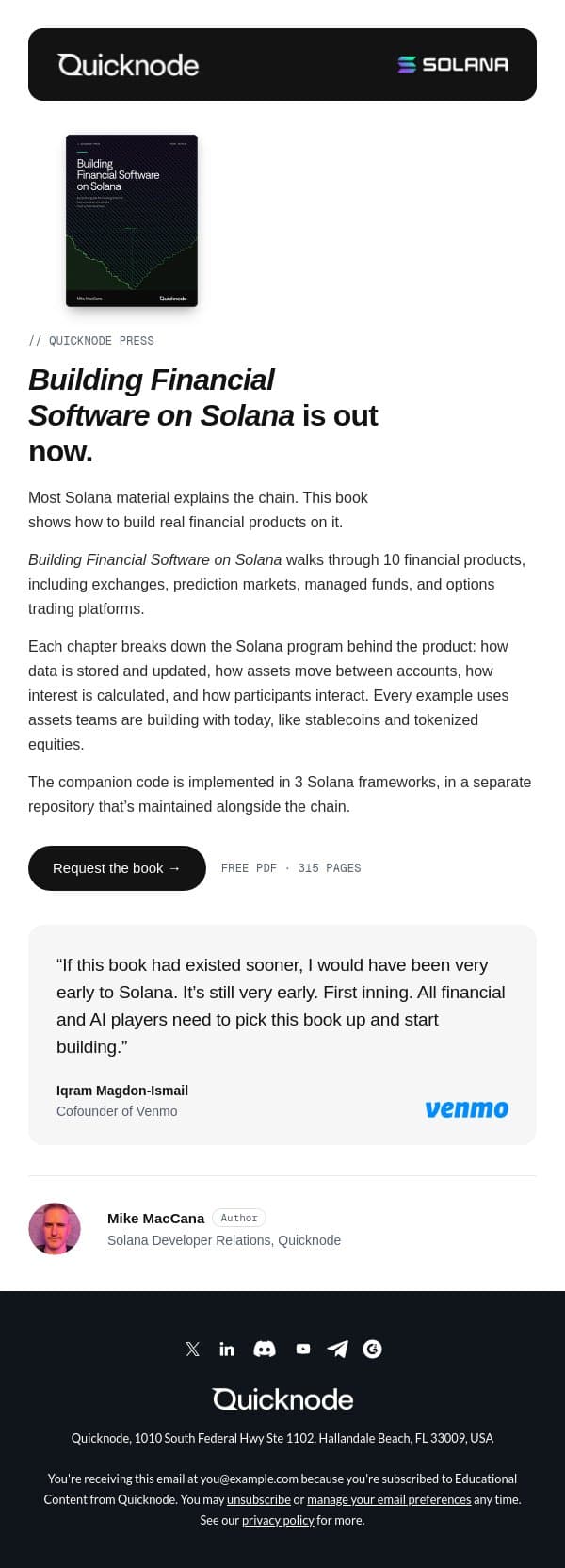Building Financial Software on Solana is out now email from QuickNode screenshot