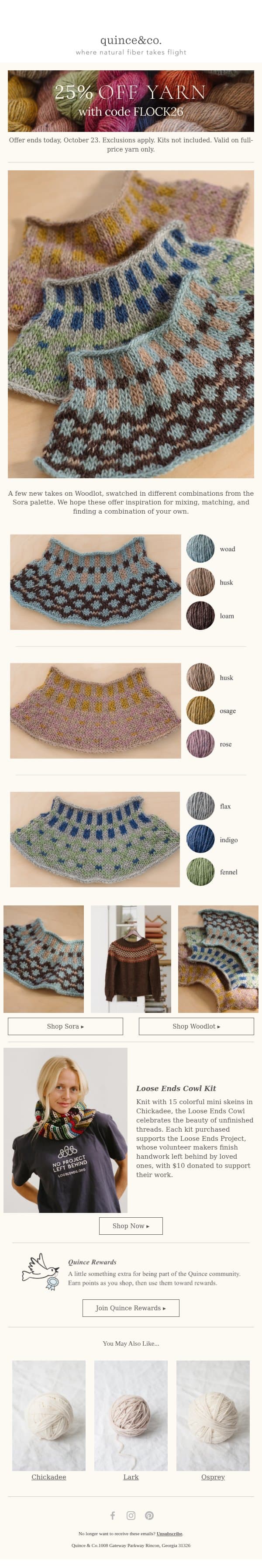 Last Day: 25% on yarn with FLOCK26 email from Quince & Co screenshot