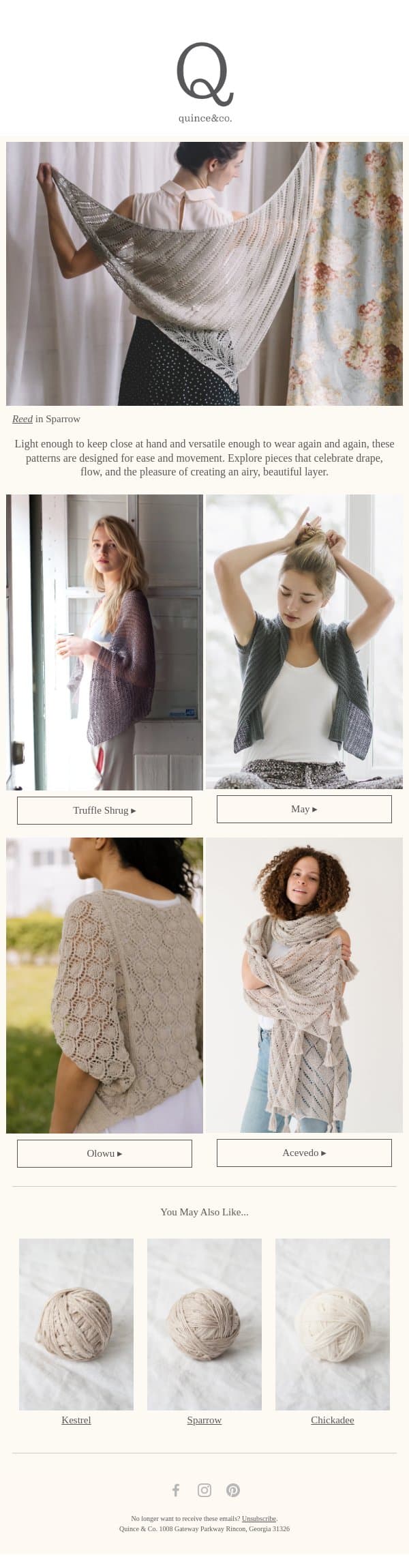 Patterns that move with you email from Quince & Co screenshot