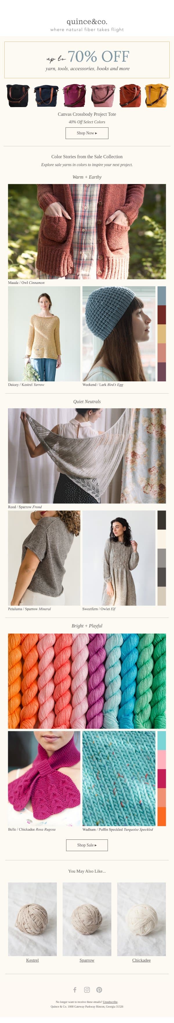 Up to 70% off for your next project email from Quince & Co screenshot