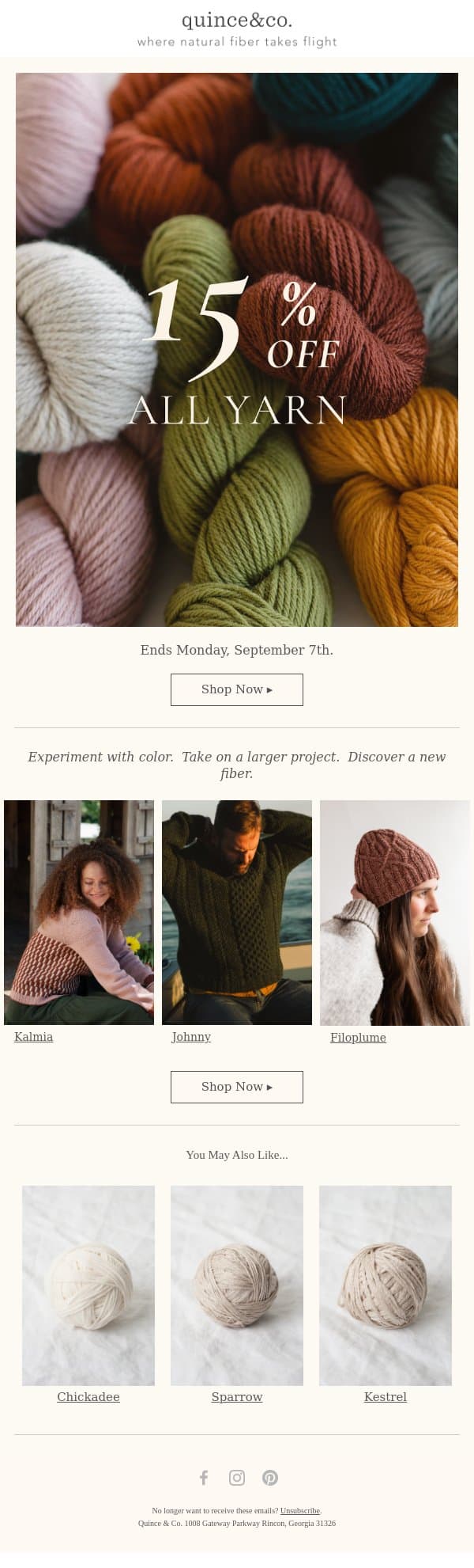 15% off all yarn! email from Quince & Co screenshot