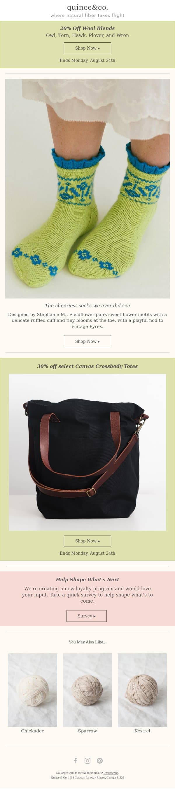 Wool Blends Sale + 30% off select Crossbody Totes email from Quince & Co screenshot