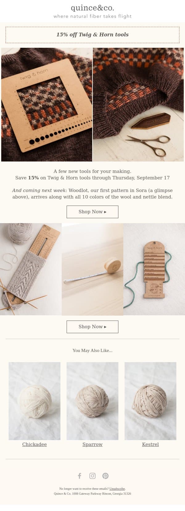 15% off Twig & Horn tools email from Quince & Co screenshot