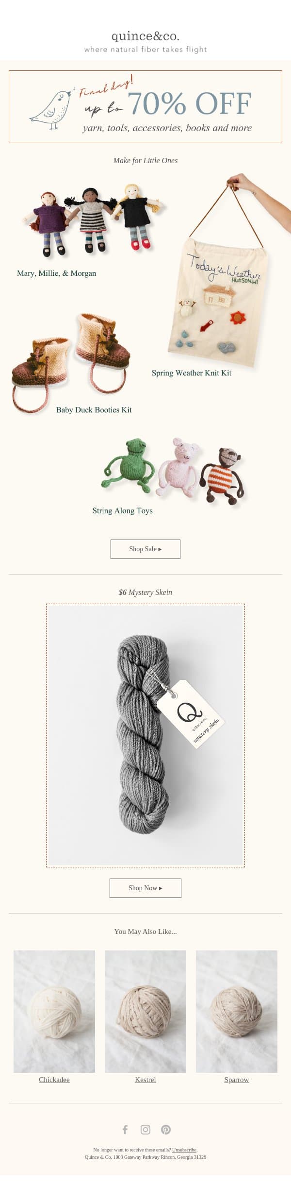 Last Day: up to 70% off email from Quince & Co screenshot