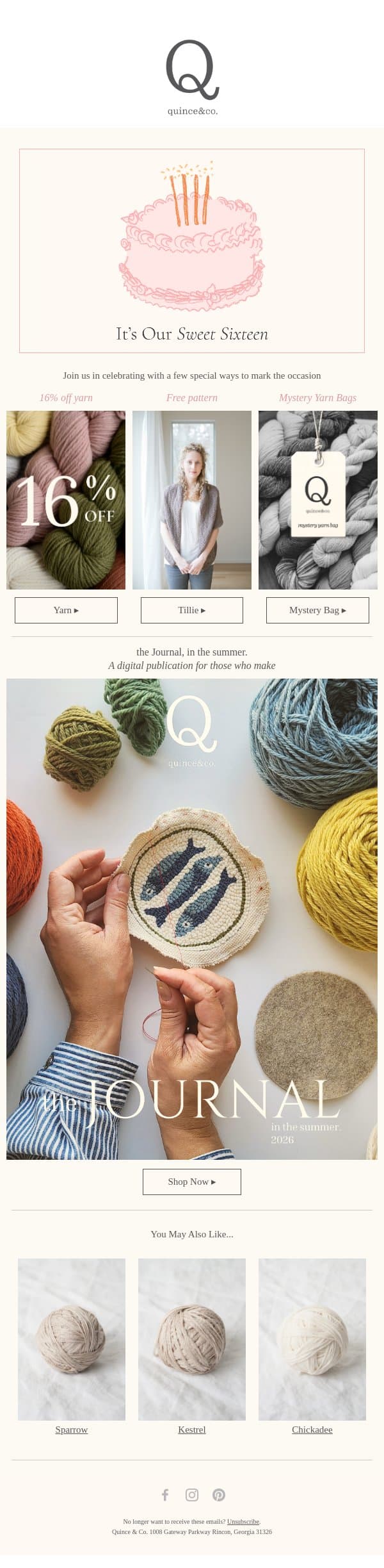 It's Our Sweet Sixteen 🍰 email from Quince & Co screenshot
