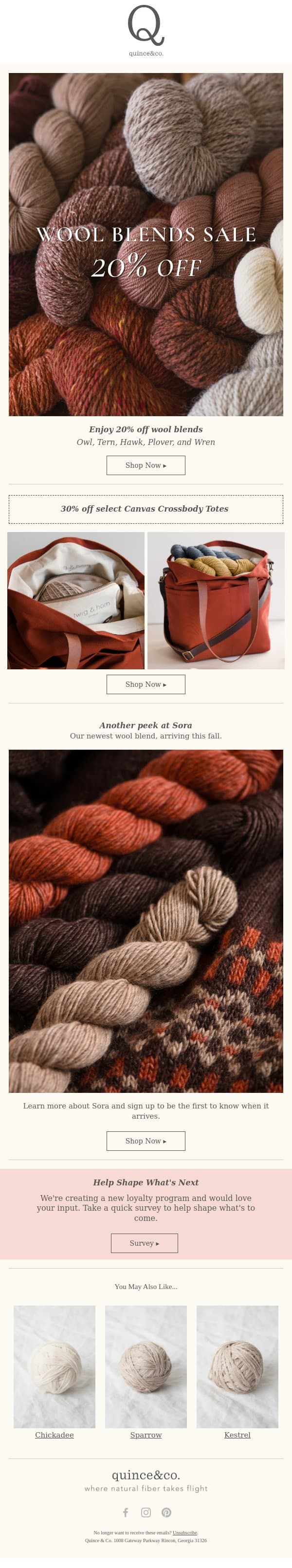Wool Blends + Crossbody Totes: limited-time savings email from Quince & Co screenshot