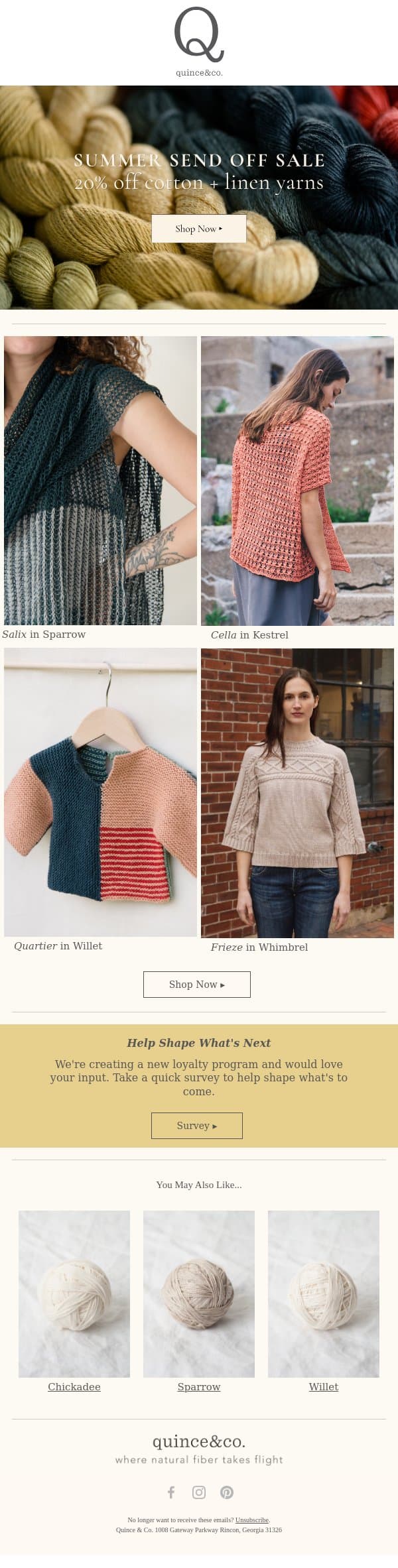 Summer Send Off Sale: 20% off cotton + linen email from Quince & Co screenshot