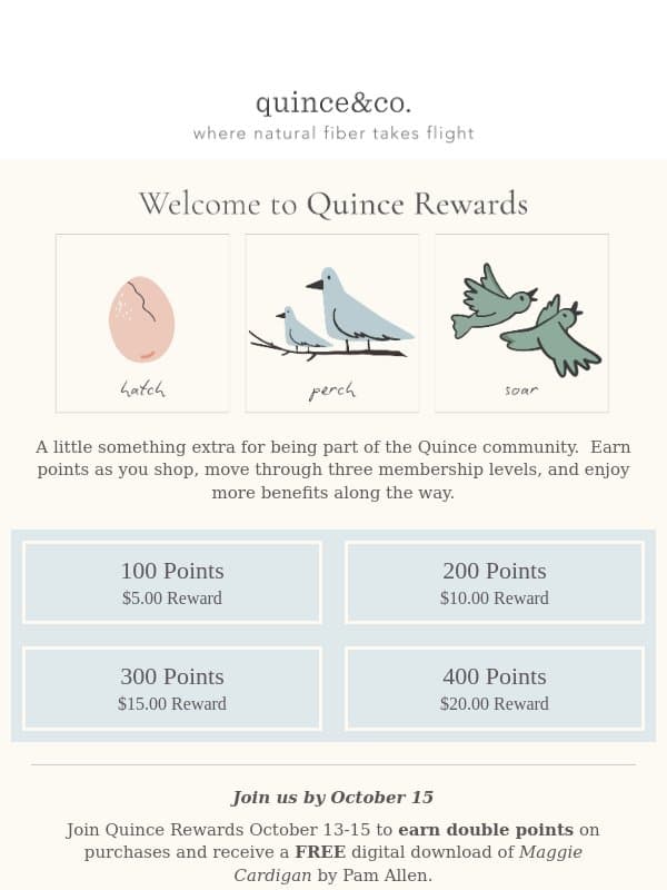 Welcome to Quince Rewards email from Quince & Co