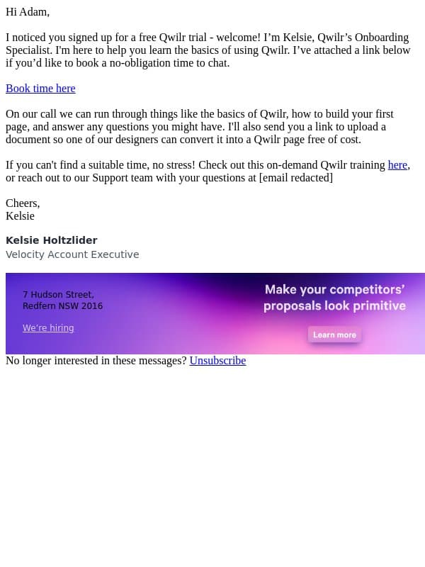 Qwilr Trial Onboarding email from Qwilr