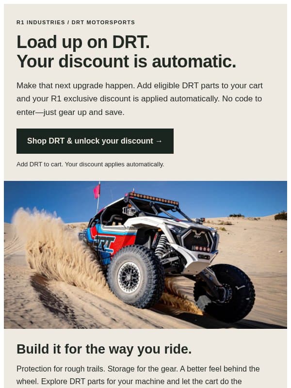 DRT upgrades. Automatic savings in your cart. email from R1 Industries