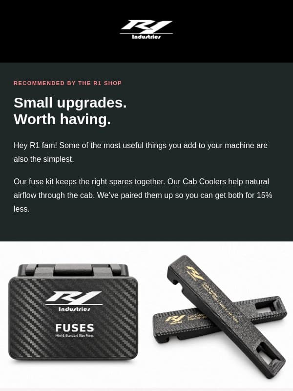 Two shop-recommended essentials. One 15% bundle deal. email from R1 Industries
