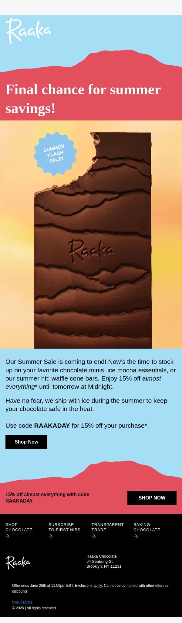 Final call: 15% off almost everything! email from Raaka Chocolate screenshot