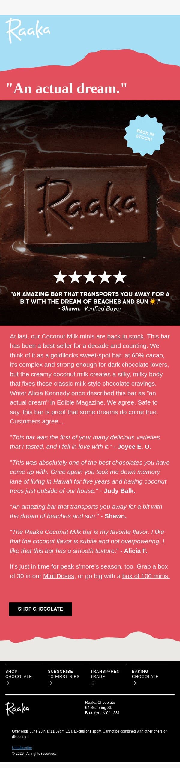 Coconut Milk Minis are BACK! email from Raaka Chocolate screenshot