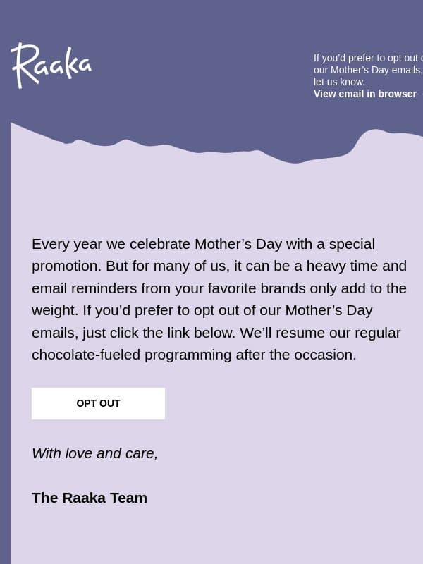 Would you like to opt out of our Mother's Day emails? email from Raaka Chocolate