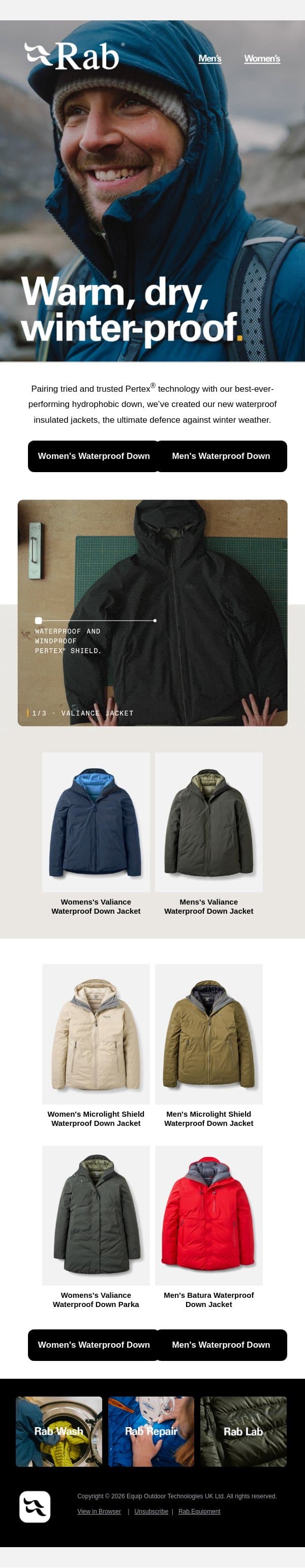 Warm and dry in one. email from Rab screenshot