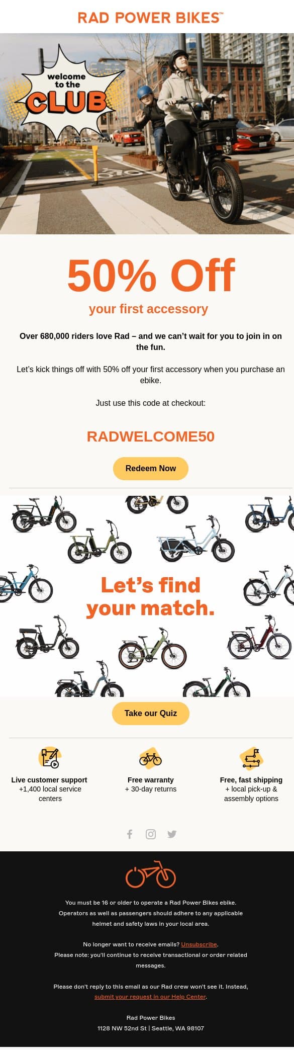 Here's your 50% off code! email from Rad Power Bikes screenshot