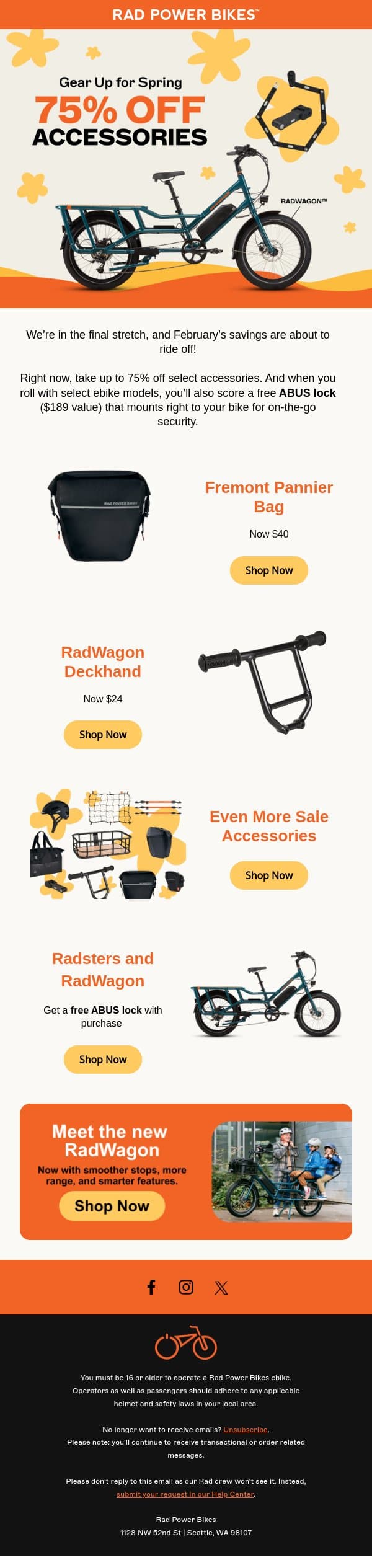 Final Hours: 75% Off Accessories + Free Lock email from Rad Power Bikes screenshot