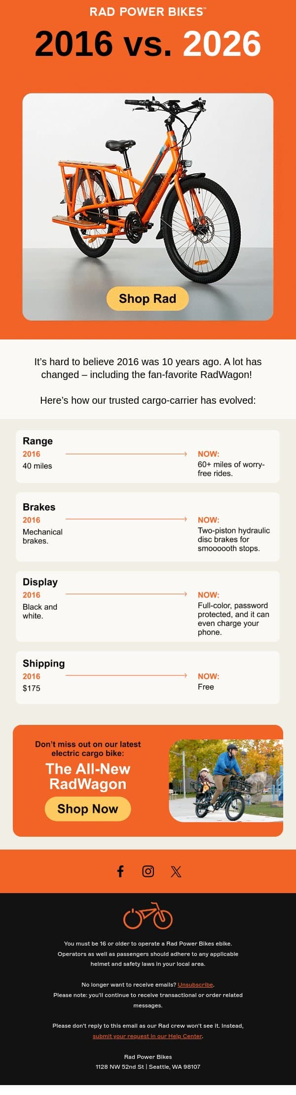The RadWagon: 2016 vs. 2026 email from Rad Power Bikes screenshot