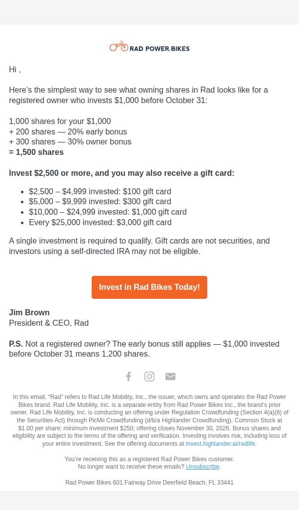 $1,000 in. 1,500 shares out. email from Rad Power Bikes screenshot