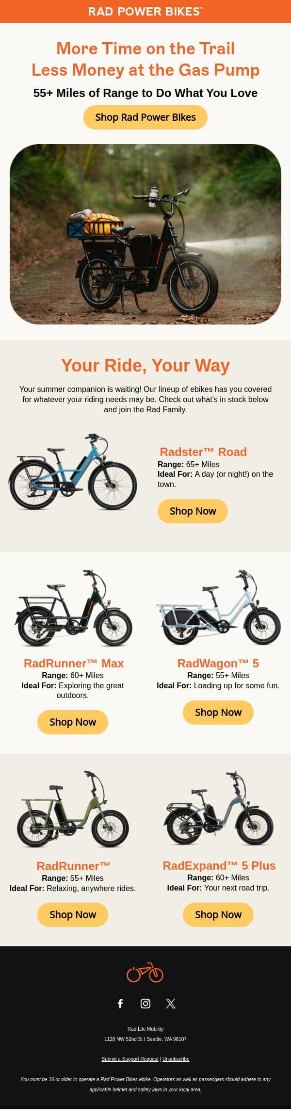 Long Weekend. Longer Rides. email from Rad Power Bikes screenshot