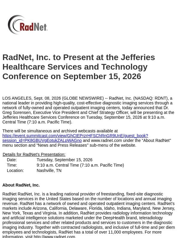 RadNet, Inc. to Present at the Jefferies Healthcare Services and Technology Conference on September 15, 2026 email from RadNet