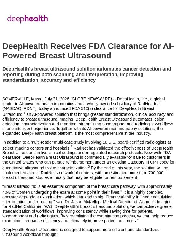 DeepHealth Receives FDA Clearance for AI-Powered Breast Ultrasound email from RadNet
