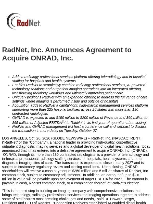 RadNet, Inc. Announces Agreement to Acquire ONRAD, Inc. email from RadNet