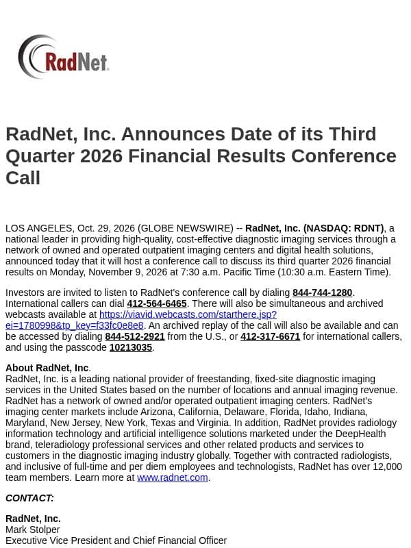 RadNet, Inc. Announces Date of its Third Quarter 2026 Financial Results Conference Call email from RadNet