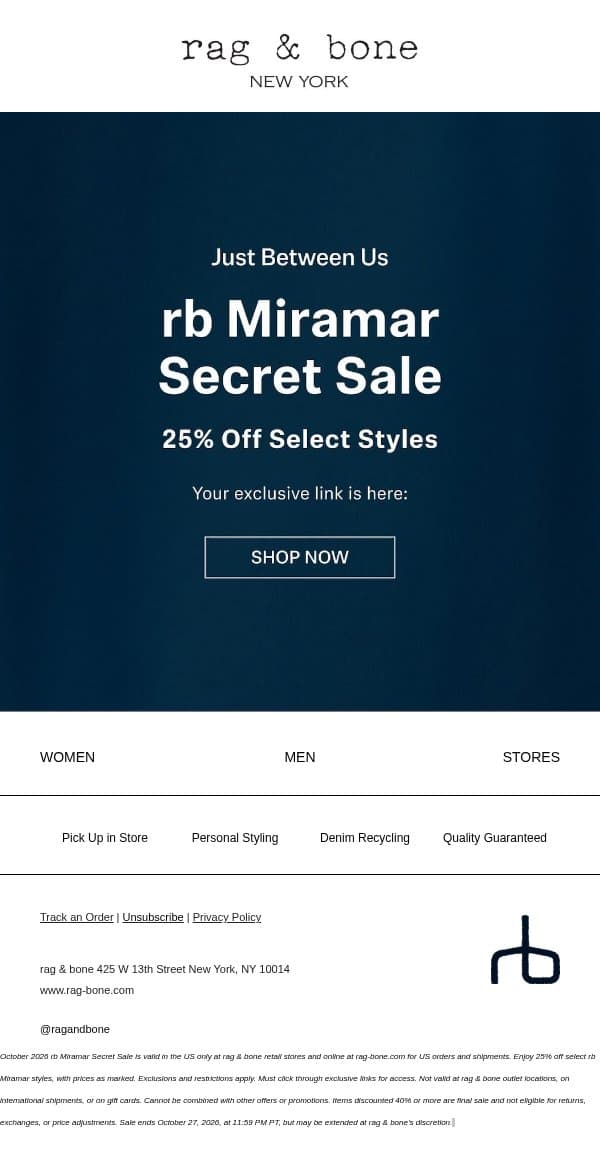 Shh: rb Miramar Secret Sale Starts Now email from Rag & Bone screenshot