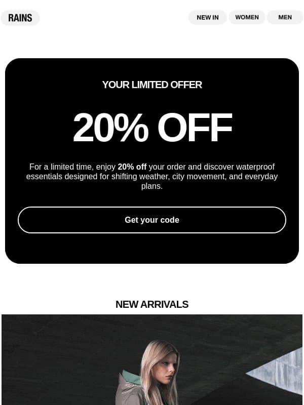 20% off, just for you email from Rains