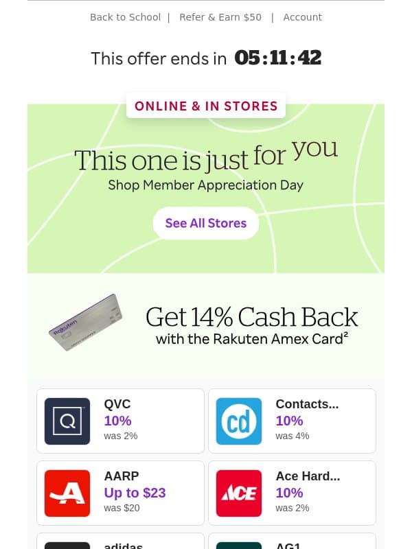 Donβt miss 10% Cash Back for Member Appreciation Day! email from Rakuten