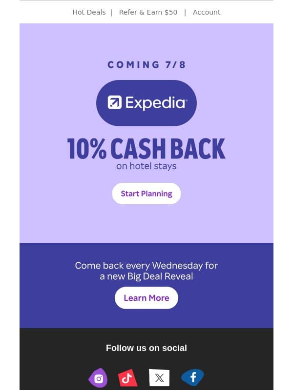 Coming 7/8 π£ 10% Cash Back on hotels at Expedia! email from Rakuten
