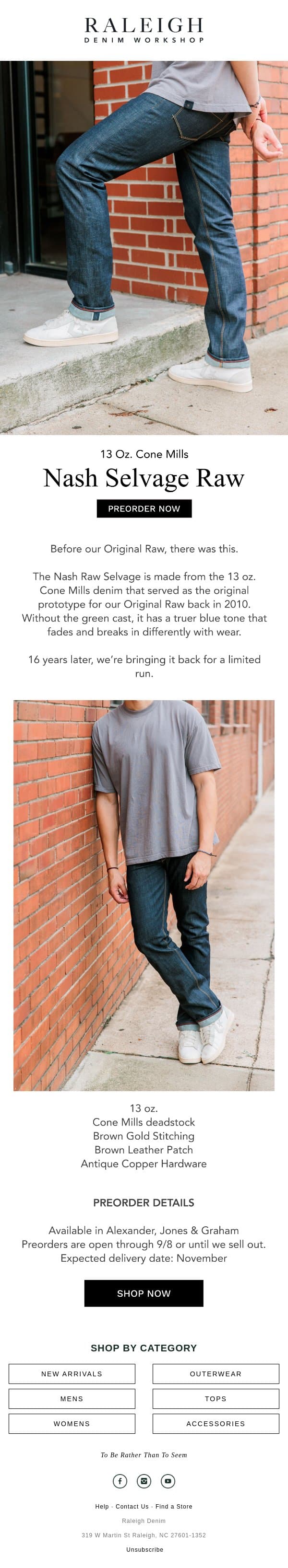 The Original Original email from Raleigh Denim Workshop screenshot
