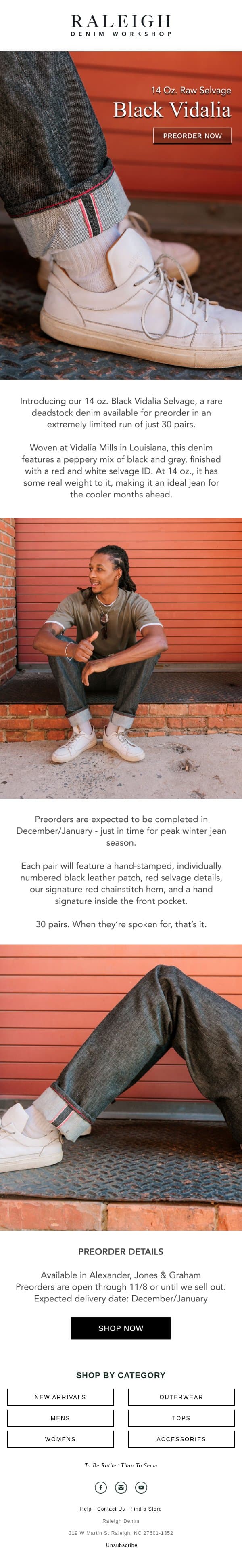 Black. Raw. Selvage. email from Raleigh Denim Workshop screenshot