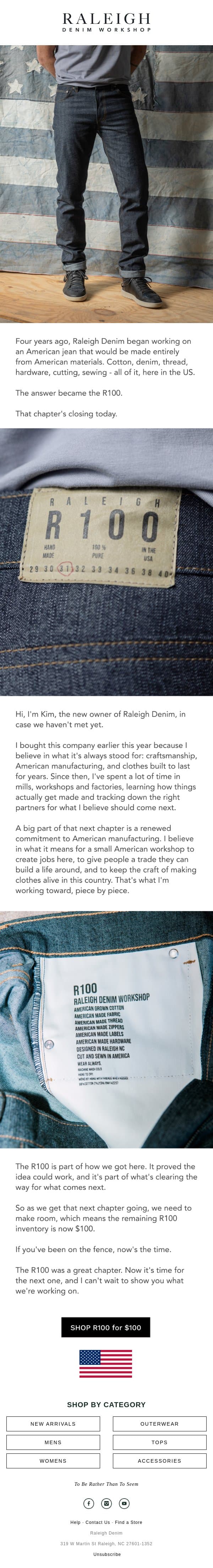 A New Chapter email from Raleigh Denim Workshop screenshot