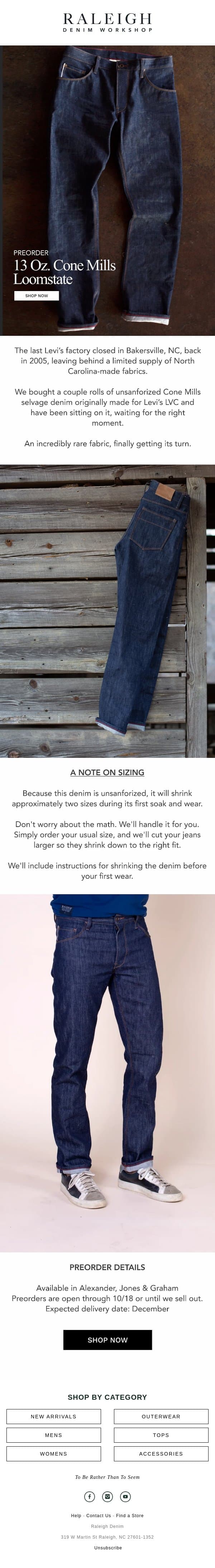 15 Pairs Left: 13 Oz. Cone Mills Loomstate email from Raleigh Denim Workshop screenshot