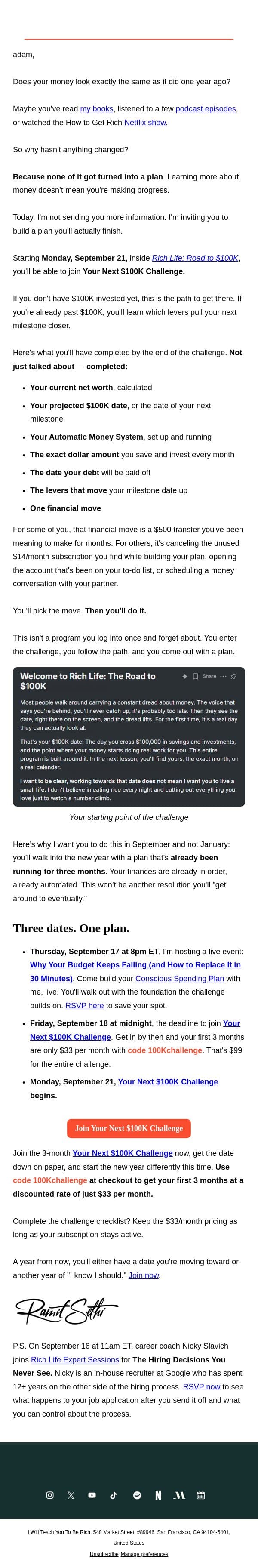 adam + $100K email from Ramit Sethi screenshot