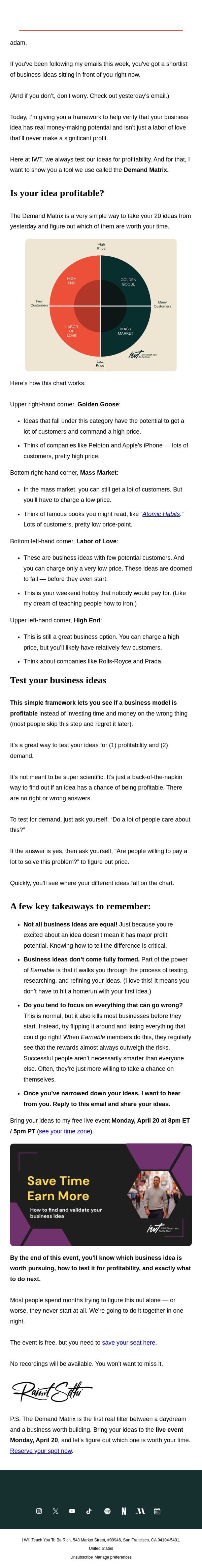 Is this a business or a hobby? email from Ramit Sethi screenshot