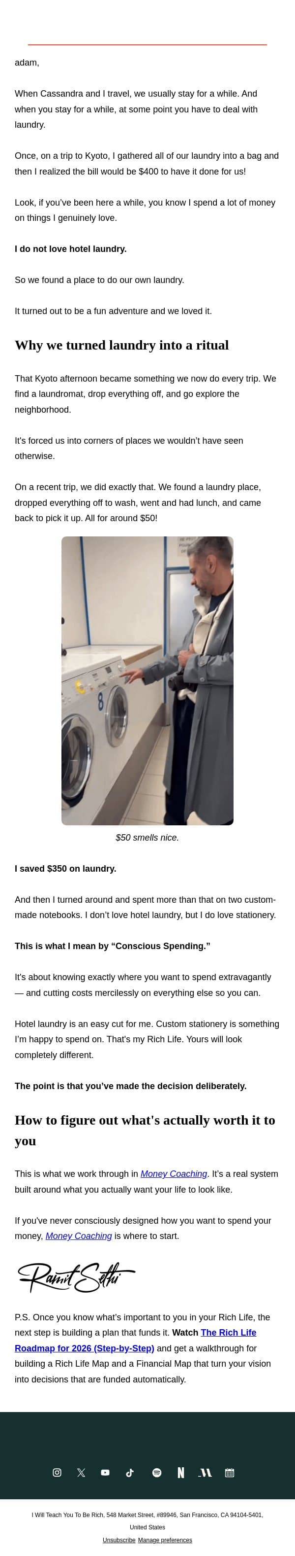 My Rich Life includes laundromats email from Ramit Sethi screenshot