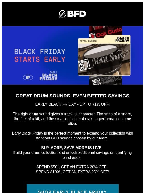 Early Black Friday: Up to 71% Off Drums + EXTRA Savings! email from Rane