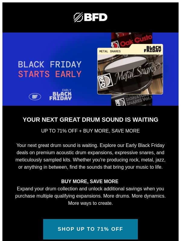 Up to 71% Off BFD Drums — Buy More, Save More email from Rane