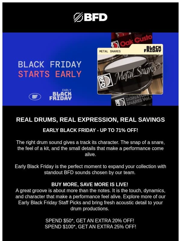 More Drums, More Savings: Up to 71% Off + EXTRA 25%! email from Rane